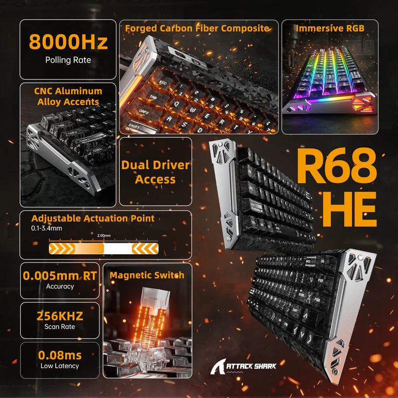 ATTACK SHARK R68 HE Carbon Fiber (Rapid Trigger 0.005mm / Snap Tap / 8KHz)